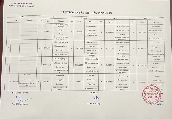 Công bố thực đơn bán trú tháng 9/2024