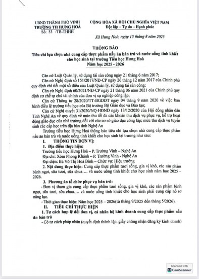 Thông báo tiêu chí lựa chọn nhà cung cấp thực phẩm BT