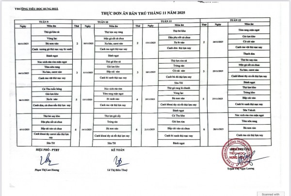 Công khai thực đơn bán trú tháng 11/2025
