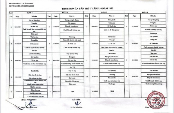 Công khai thực đơn bán trú tháng 10/2025