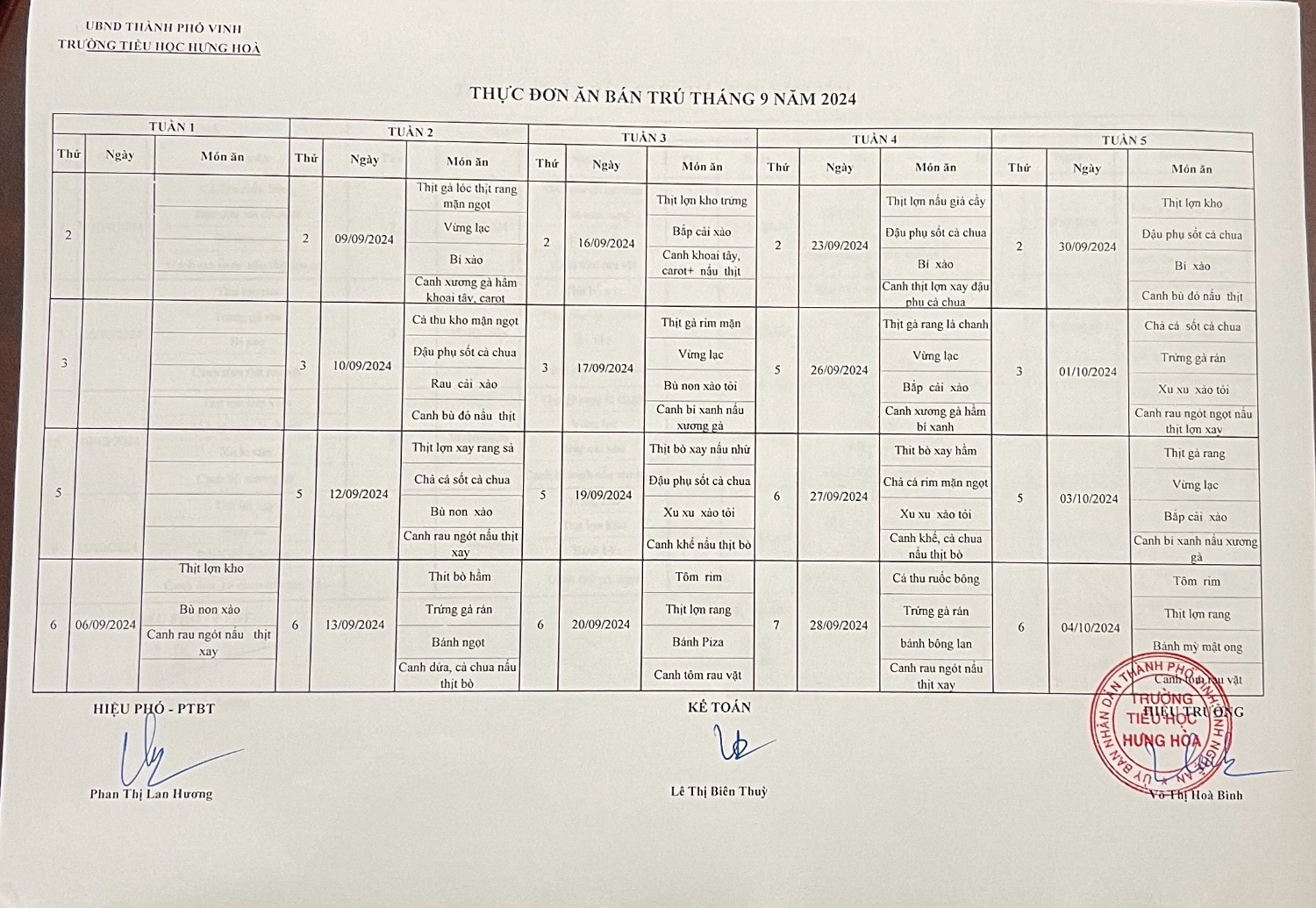 Công bố thực đơn bán trú tháng 9/2024