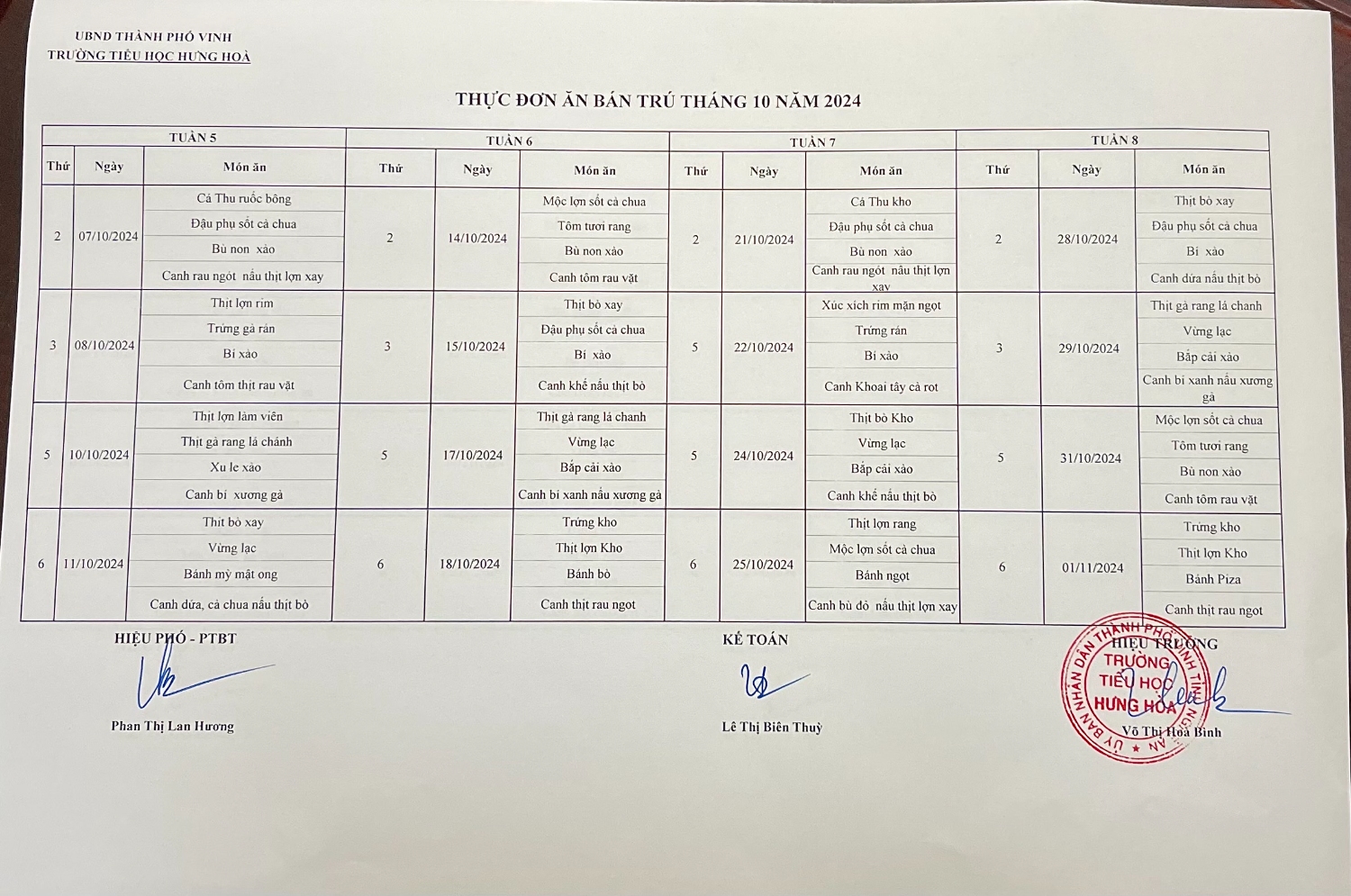 Công bố thực đơn bán trú tháng 10/2024