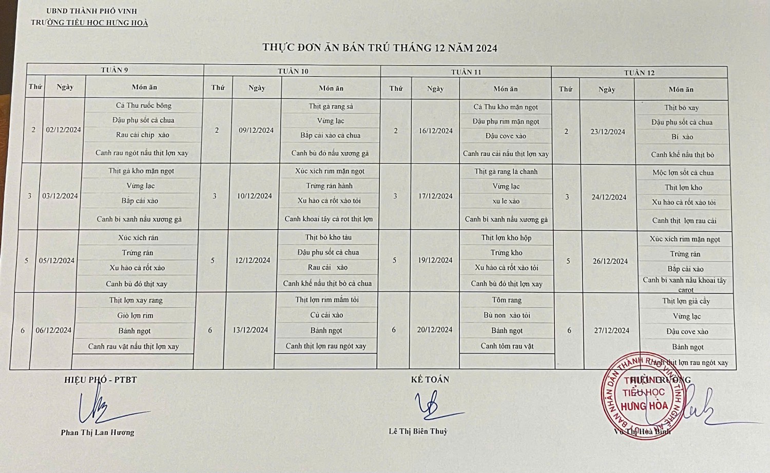 Công khai thực đơn tháng 12/2024