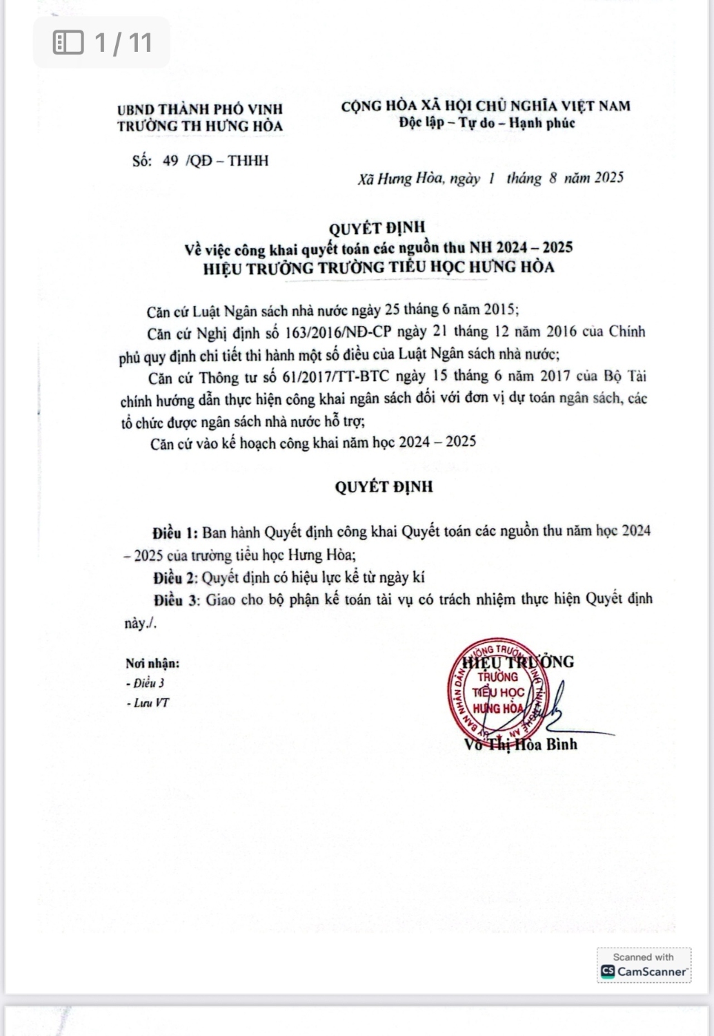 Công khai quyết toán các khoản thu