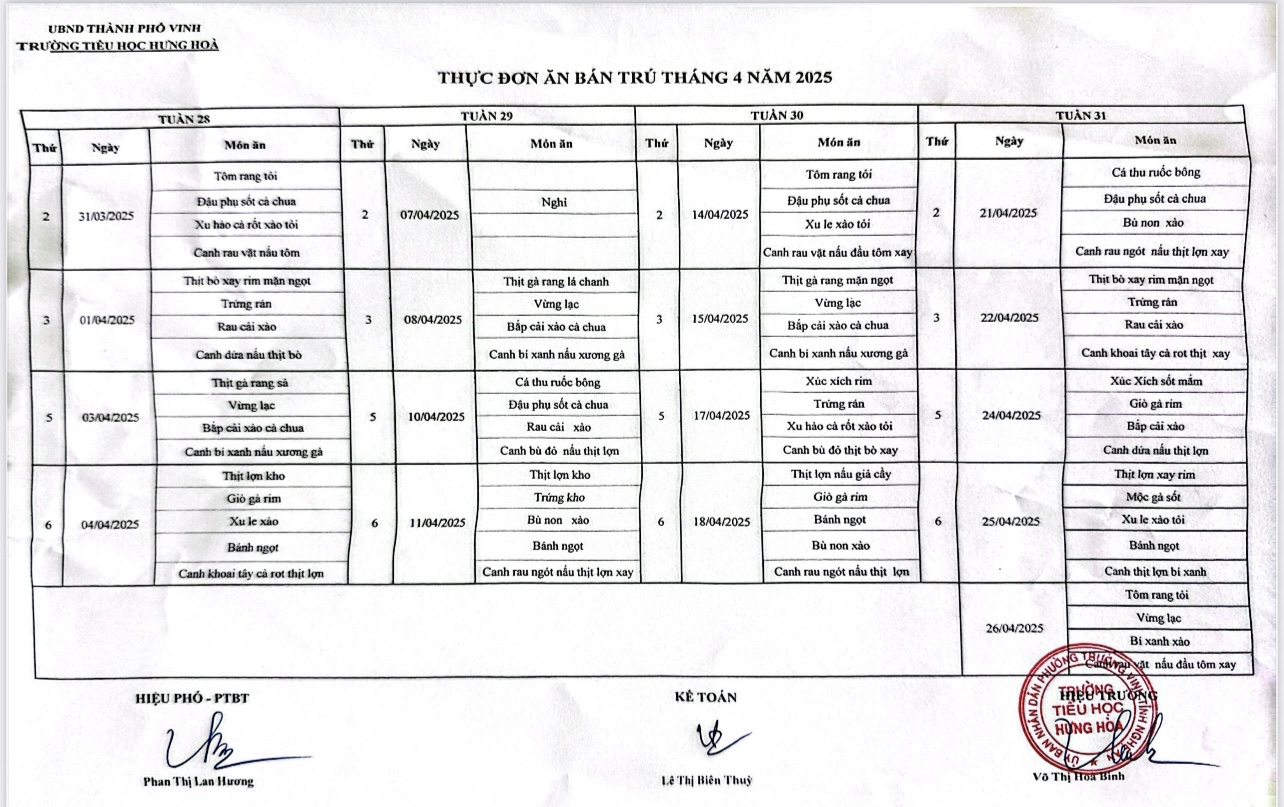 Công khai thực đơn bán trú tháng 04/2025