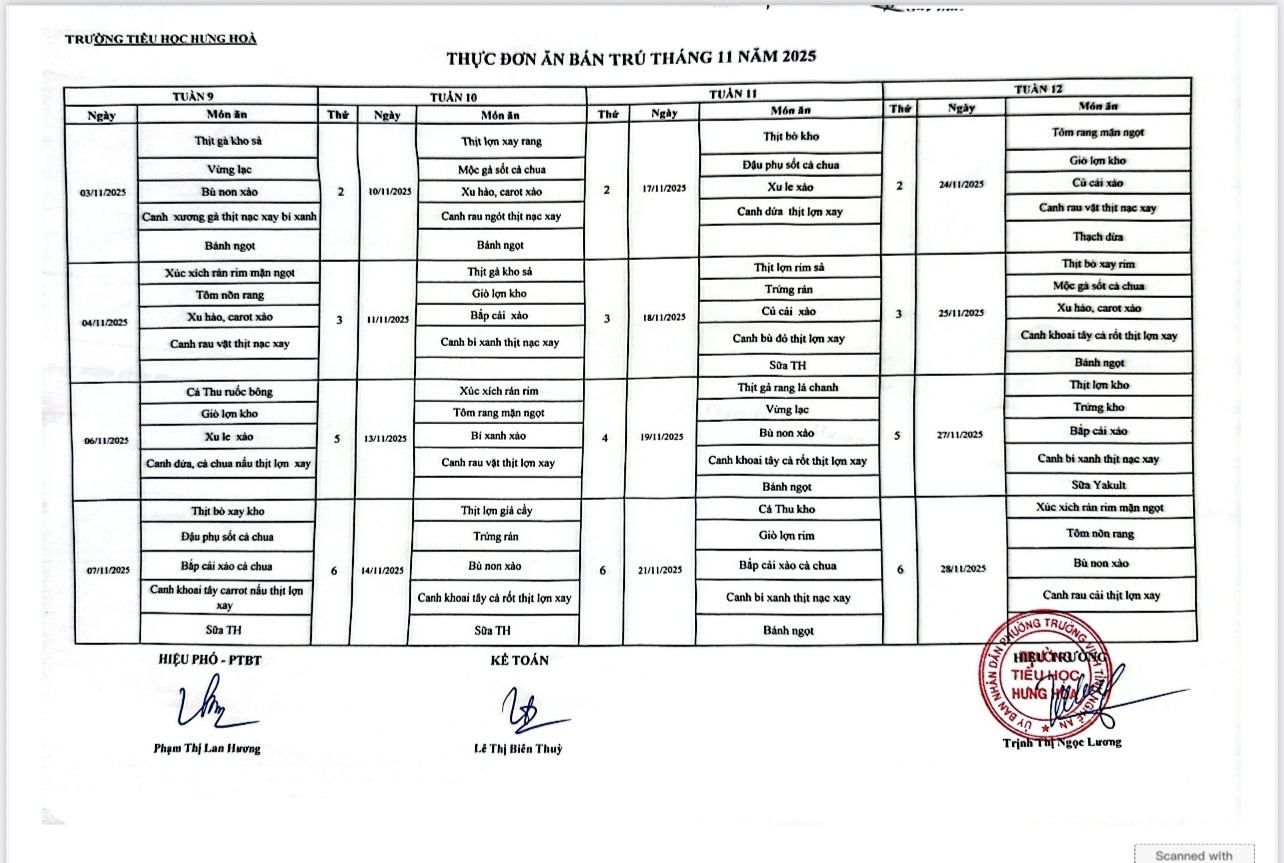 Công khai thực đơn bán trú tháng 11/2025
