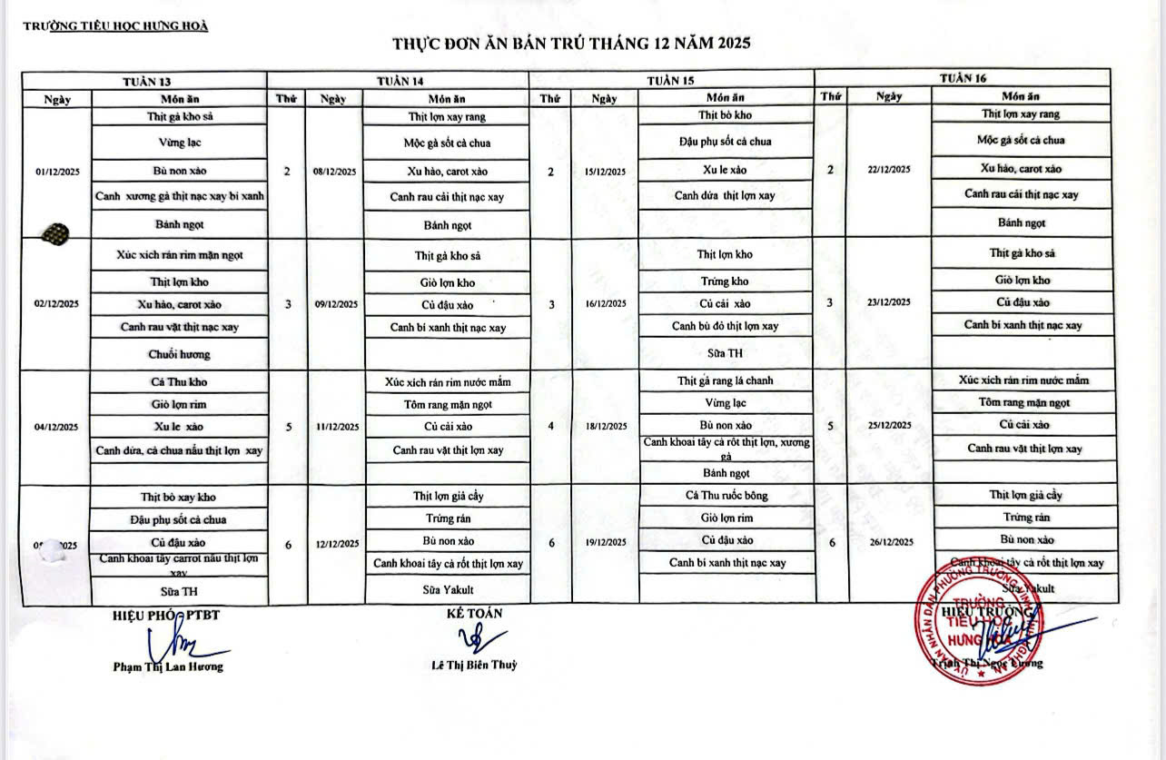 Công khai thực đơn bán trú tháng 12/2025